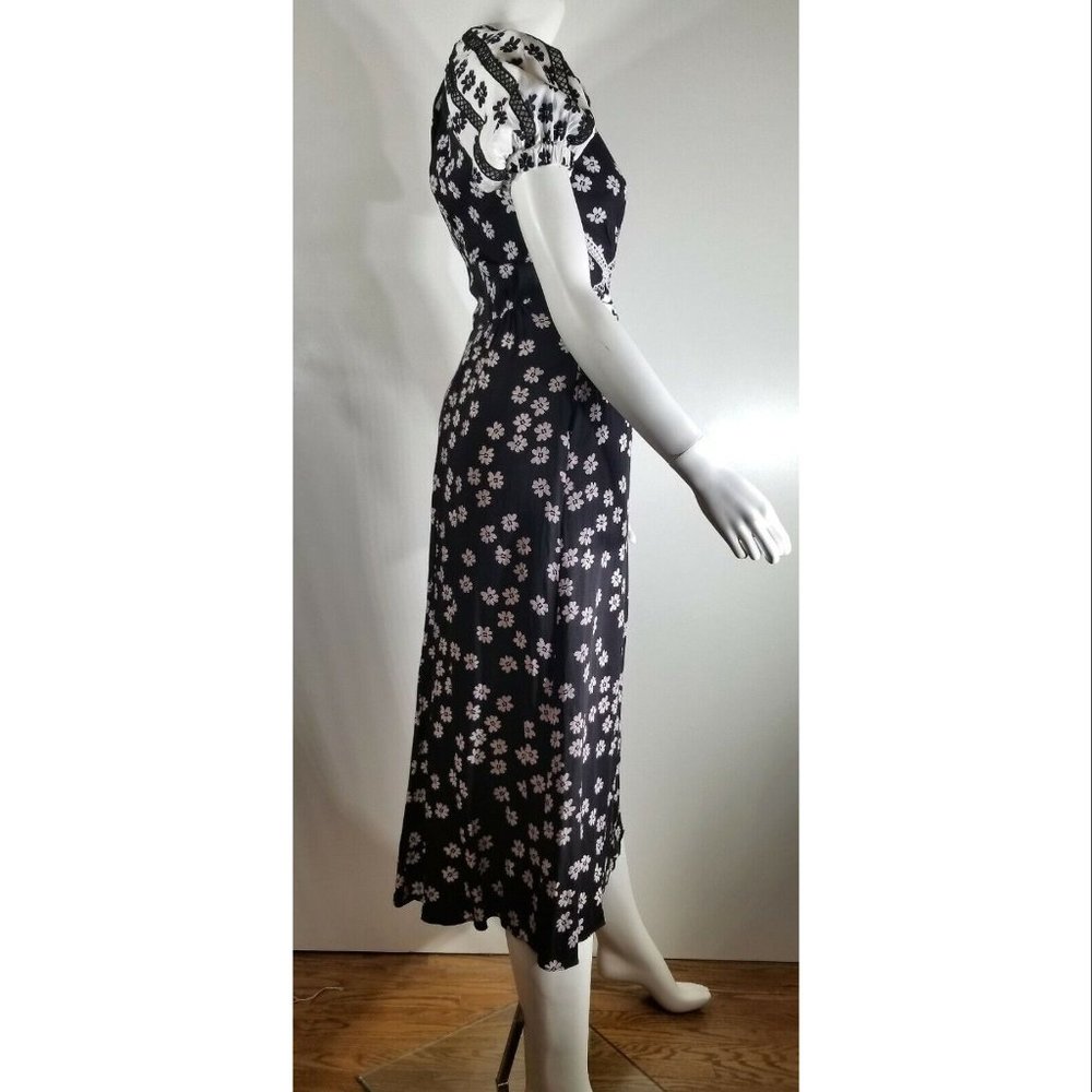 Self Portrait Daisy Print Puff Sleeve Women's Midi Dress, Black/White Size US 2 - Picture 6 of 12